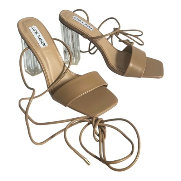 Steve Madden JILI Nude Lace-Up Sandals 8.5 | Clear Block Heels | New in Box - Picture 1 of 9